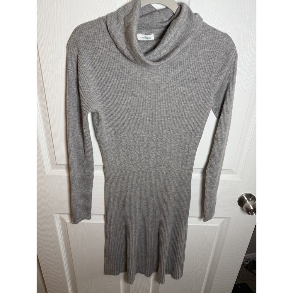 SUNDANCE Dress S Sweater Knit Wool Blend Mixed Rib Cowl Neck Long Sleeve Gray